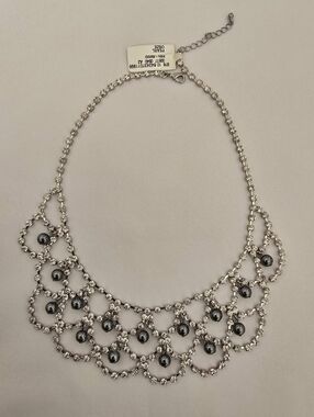Silver-Tone Crystal Bib Necklace with Dark Hematite Beads